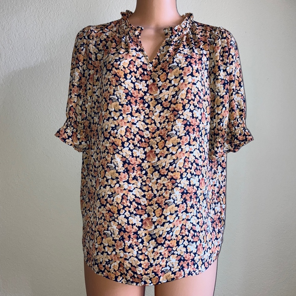 Nordstrom Pleione Navy and Peach Floral Blouse‎ with Ruffle Details